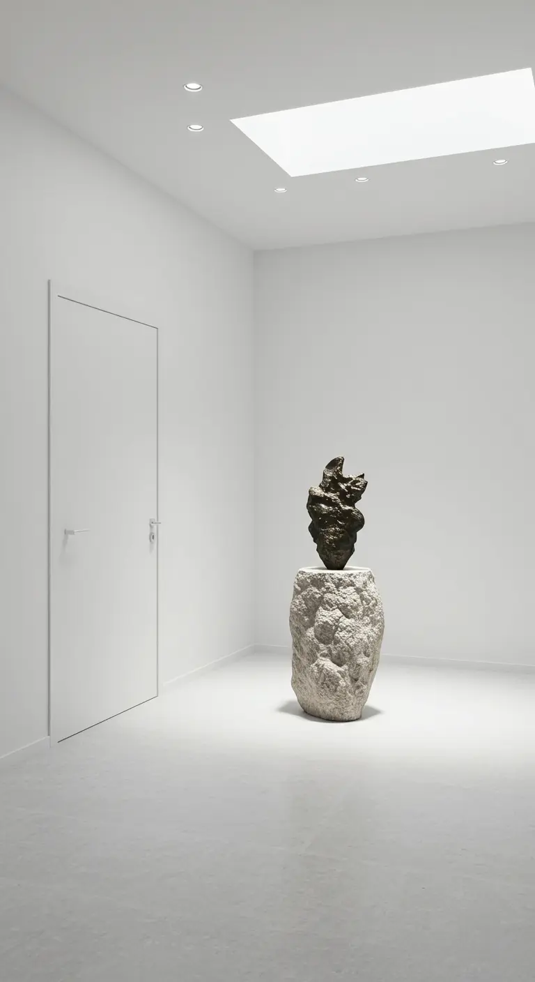 Espacio minimalista blanco con una escultura abstracta sobre un pedestal de piedra.