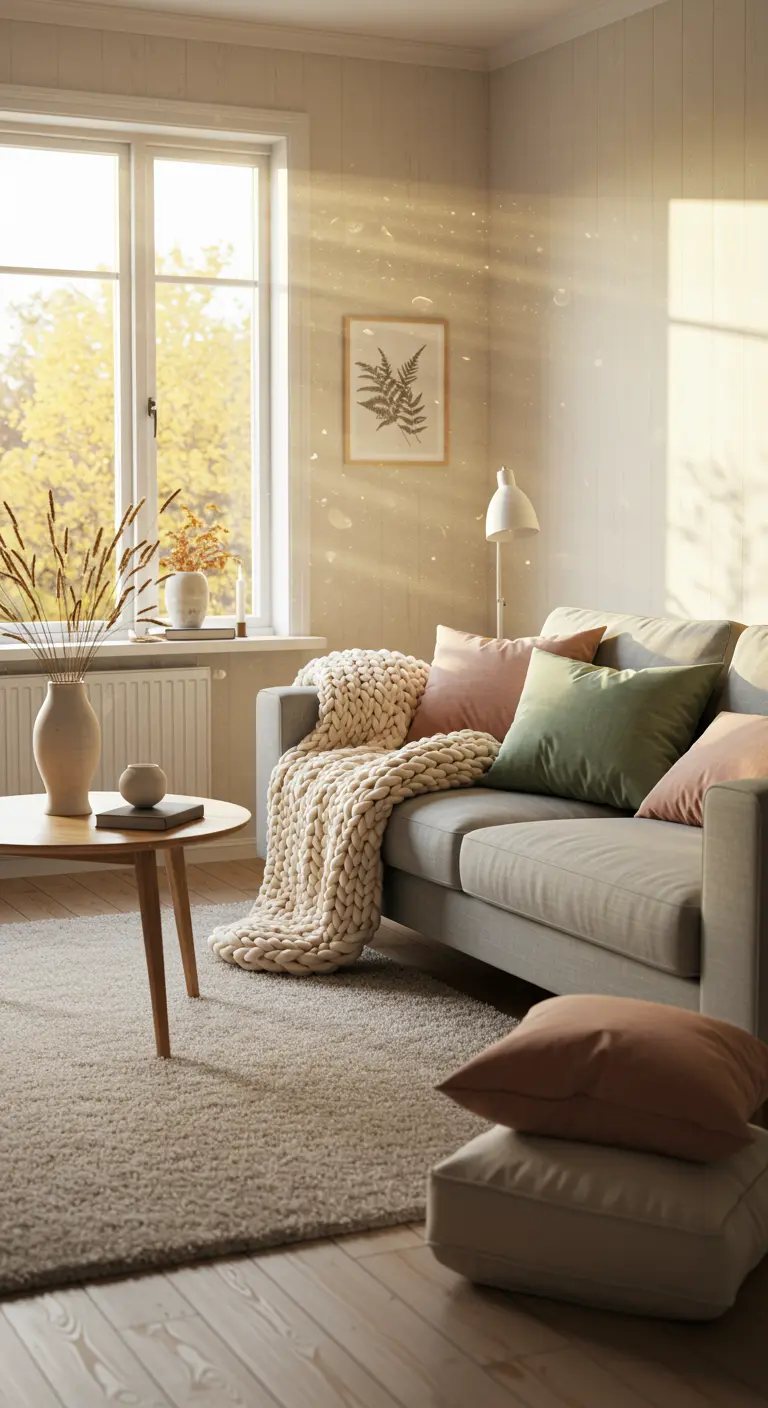 Salón de estilo sueco con sofá gris, manta de punto grueso y cojines en tonos otoñales