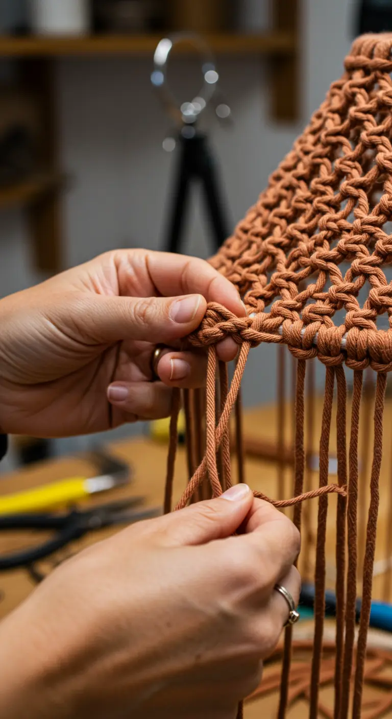 Manos de una mujer haciendo nudos de macramé en una pantalla de lámpara color terracota.