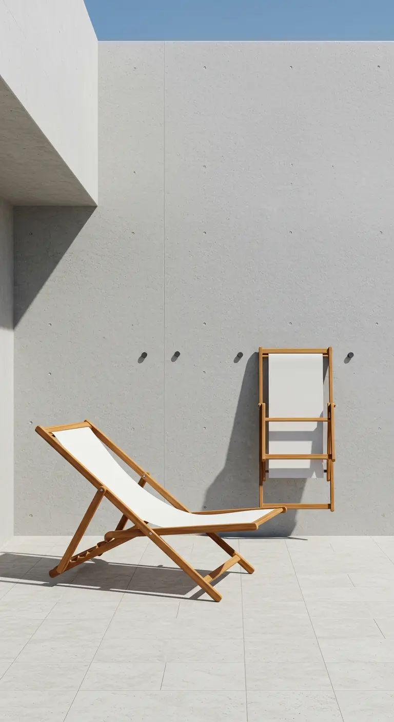 Tumbona plegable de madera y lona blanca colgada en una pared de hormigón.