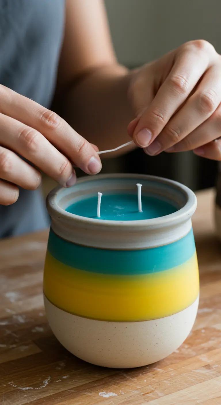 Manos colocando una mecha en una vela de capas amarillas y turquesas dentro de un cuenco de cerámica.