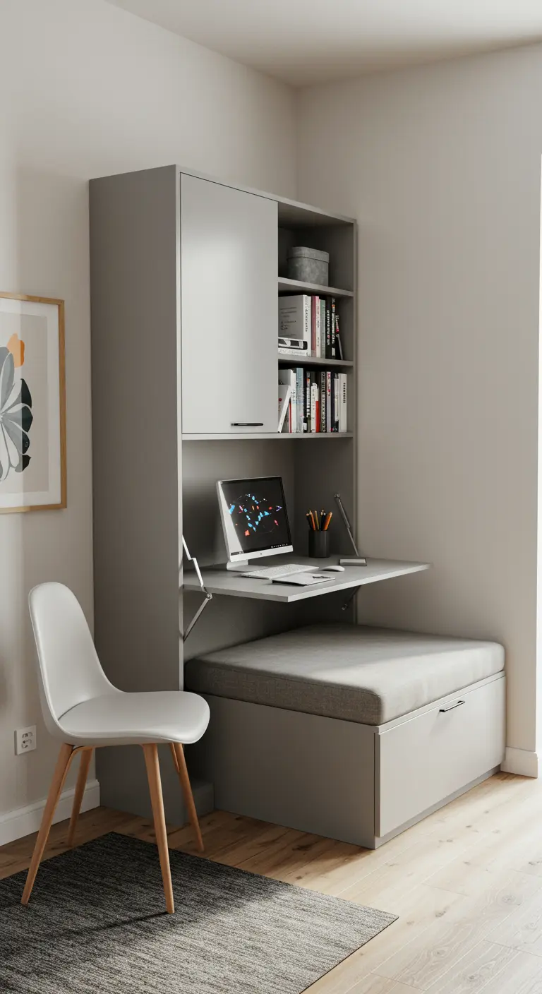 Mueble compacto gris que se despliega en un escritorio con un banco de almacenamiento.