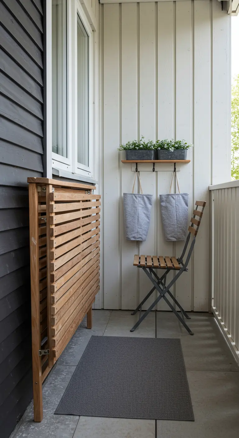 Balcón funcional con una mesa de madera abatible en la pared, una silla plegable y bolsas de tela colgadas.