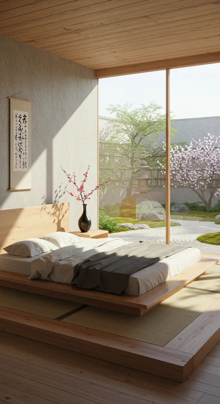 Dormitorio minimalista de estilo japonés con cama baja y vistas a un jardín zen.