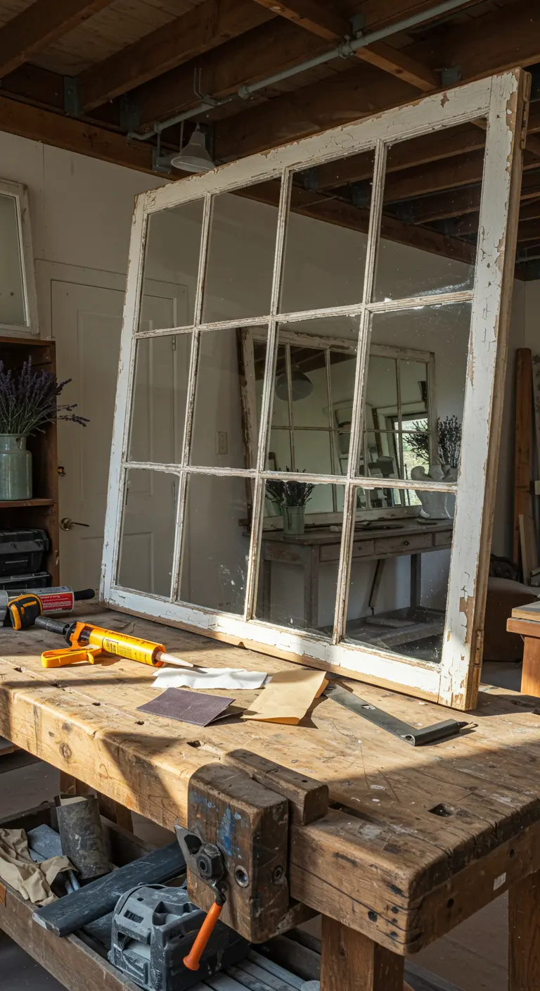 Ventana antigua de madera blanca sobre una mesa de trabajo para un proyecto de espejo DIY