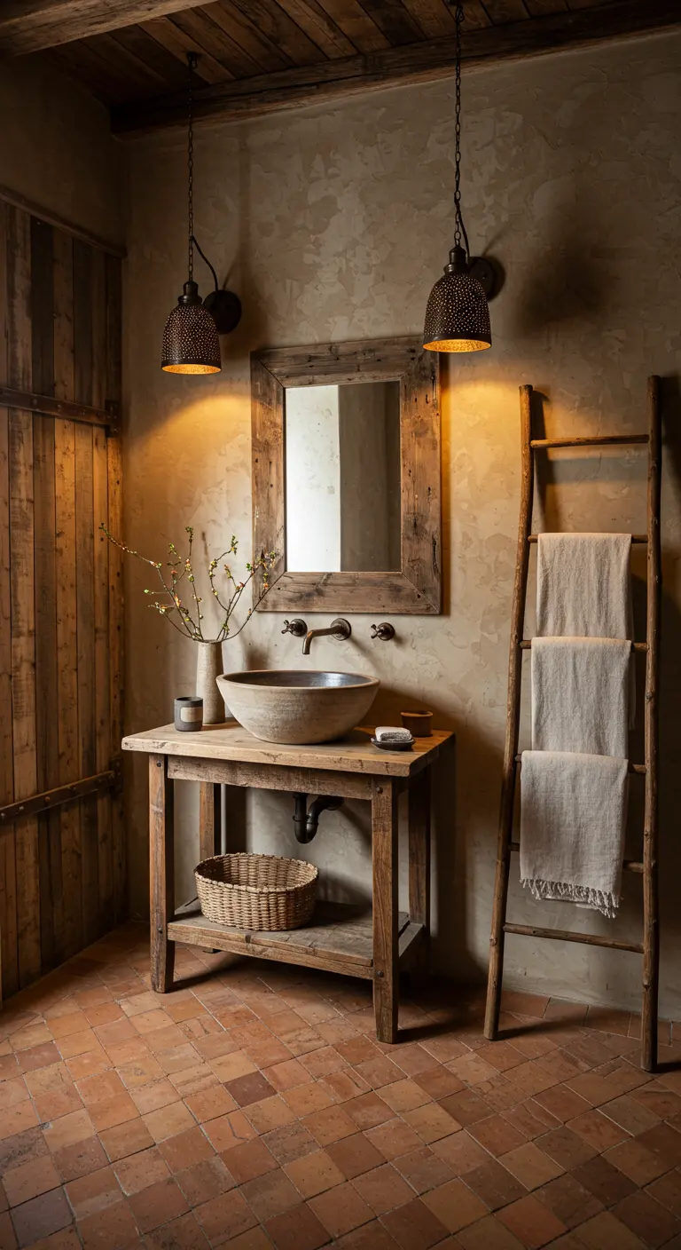 Rincón de baño rústico con mesa de madera antigua, lavabo de cerámica y escalera como toallero.