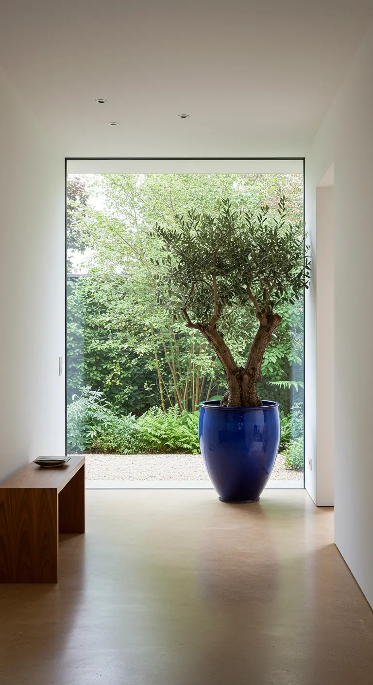 Entrada minimalista con un gran ventanal y un olivo en una maceta de cerámica azul cobalto.