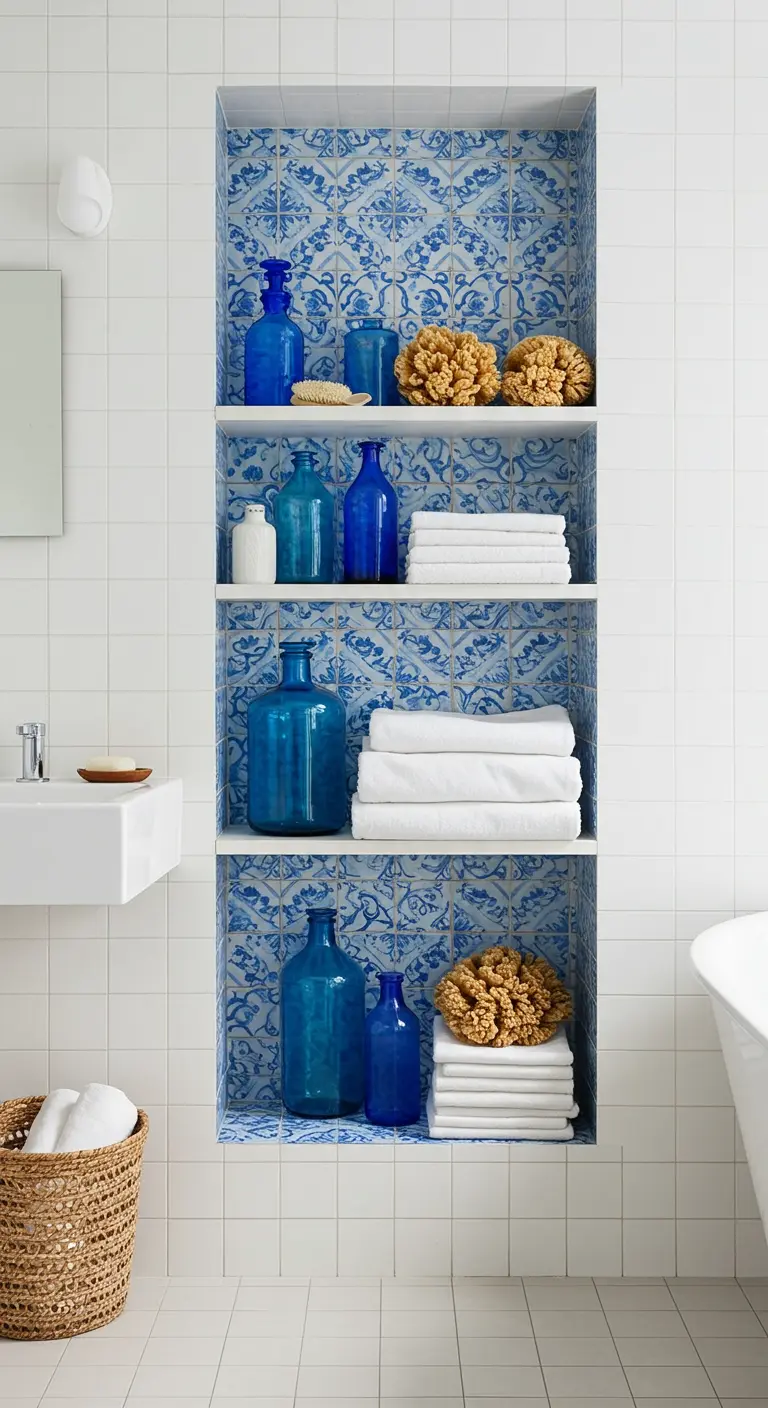 Hornacina de obra en la pared de un baño, con el fondo revestido de azulejos azules y blancos