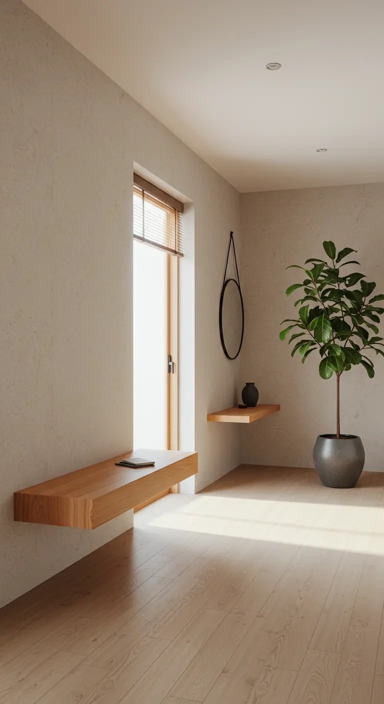 Recibidor minimalista japonés con banco de madera flotante y planta alta.