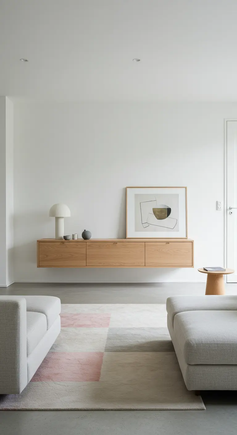 Consola de madera flotante con un cuadro abstracto y una alfombra geométrica rosa y gris