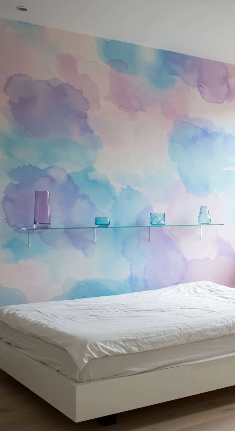 Pared de dormitorio con un mural abstracto de efecto acuarela en tonos pastel.