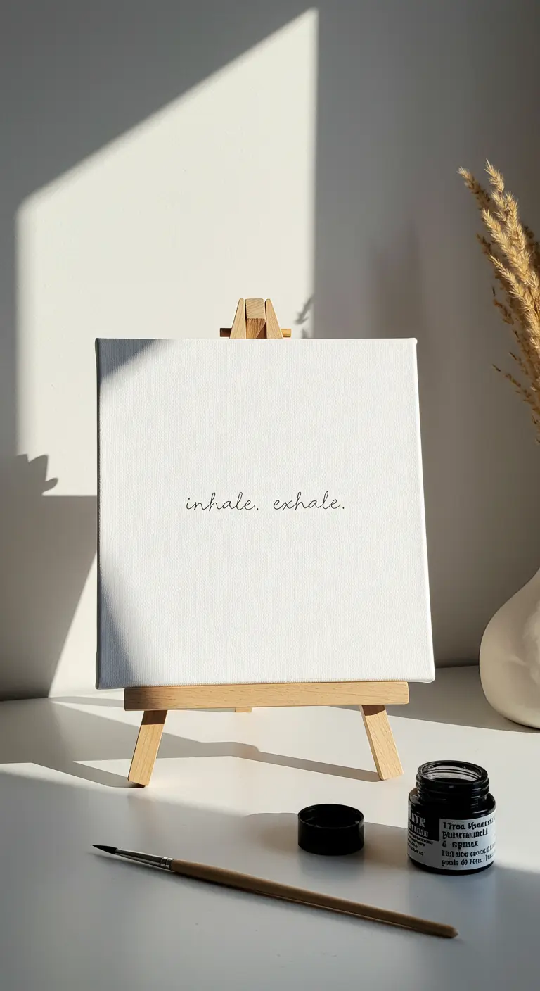Lienzo blanco sobre un caballete con 'inhale. exhale.' en caligrafía negra minimalista.