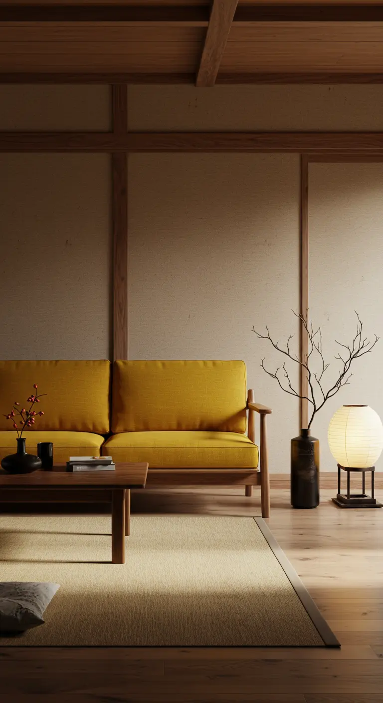 Sofá mostaza de estilo Japandi en una habitación con paneles de madera y luz natural suave.