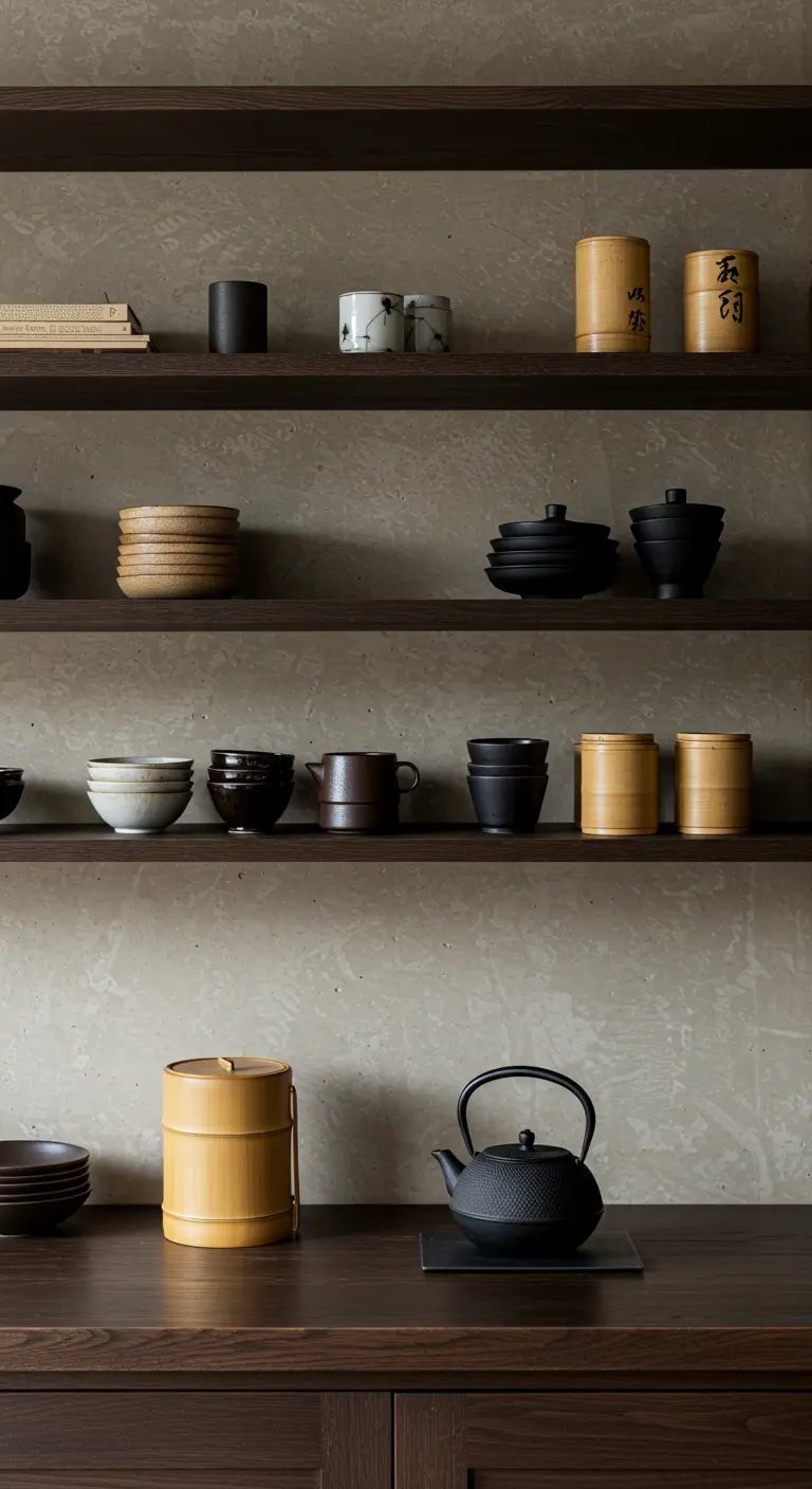 Estanterías de madera oscura con cerámica artesanal de tonos neutros y teteras de estilo japonés.