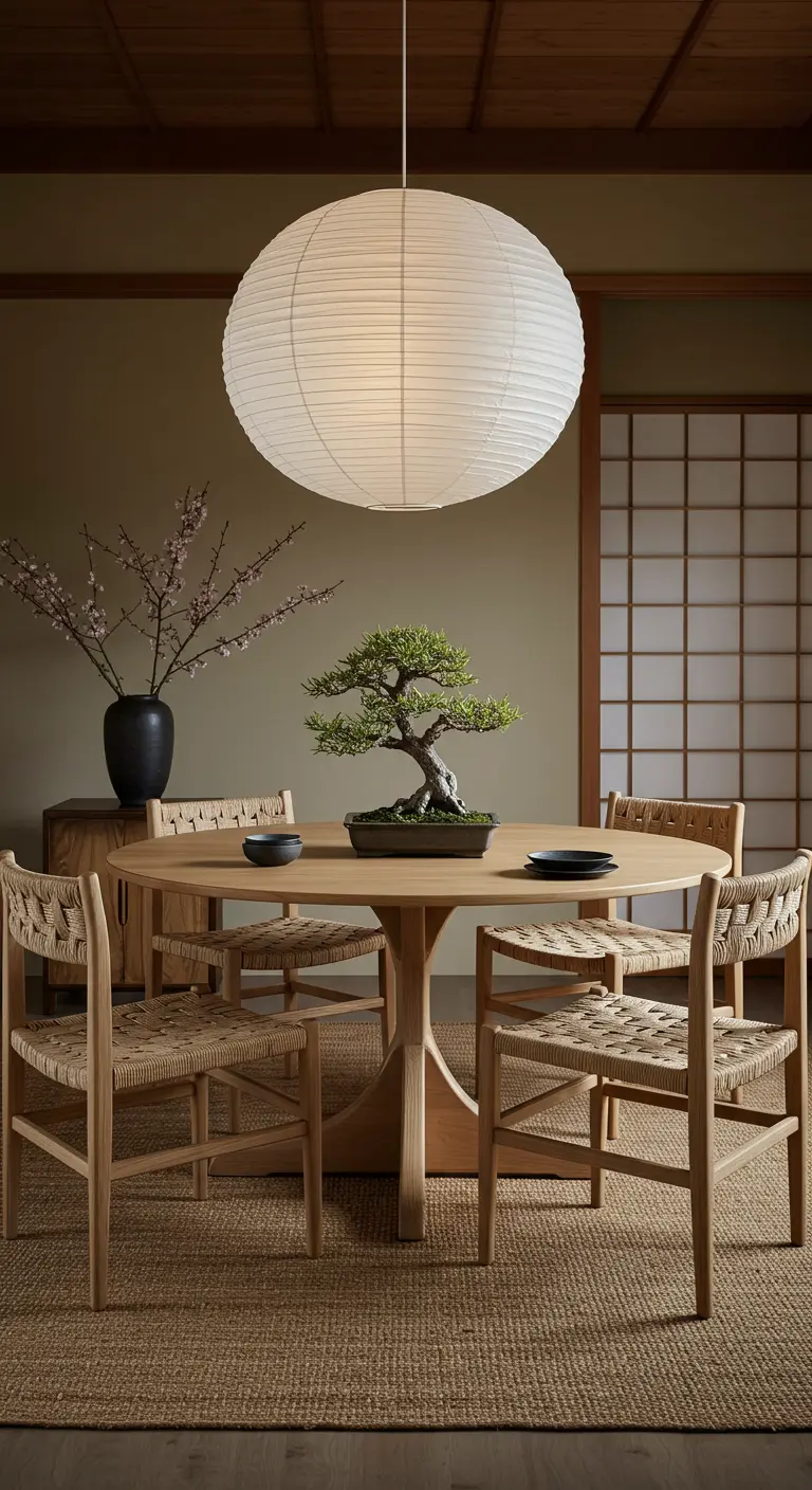 Comedor estilo Japandi con mesa redonda de madera clara y lámpara de papel de arroz.