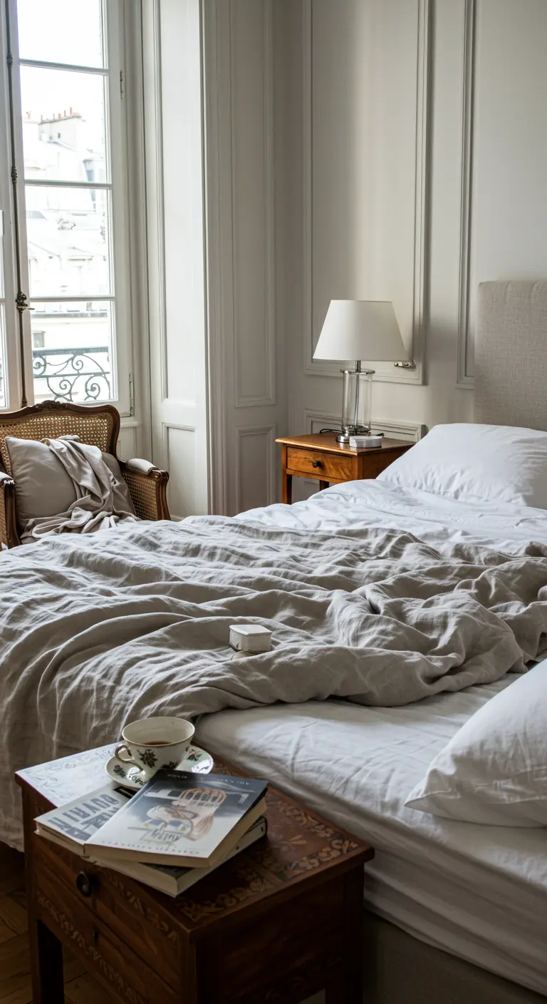 Cama de estilo parisino con sábanas de lino blancas arrugadas de forma natural y un libro en la mesita de noche