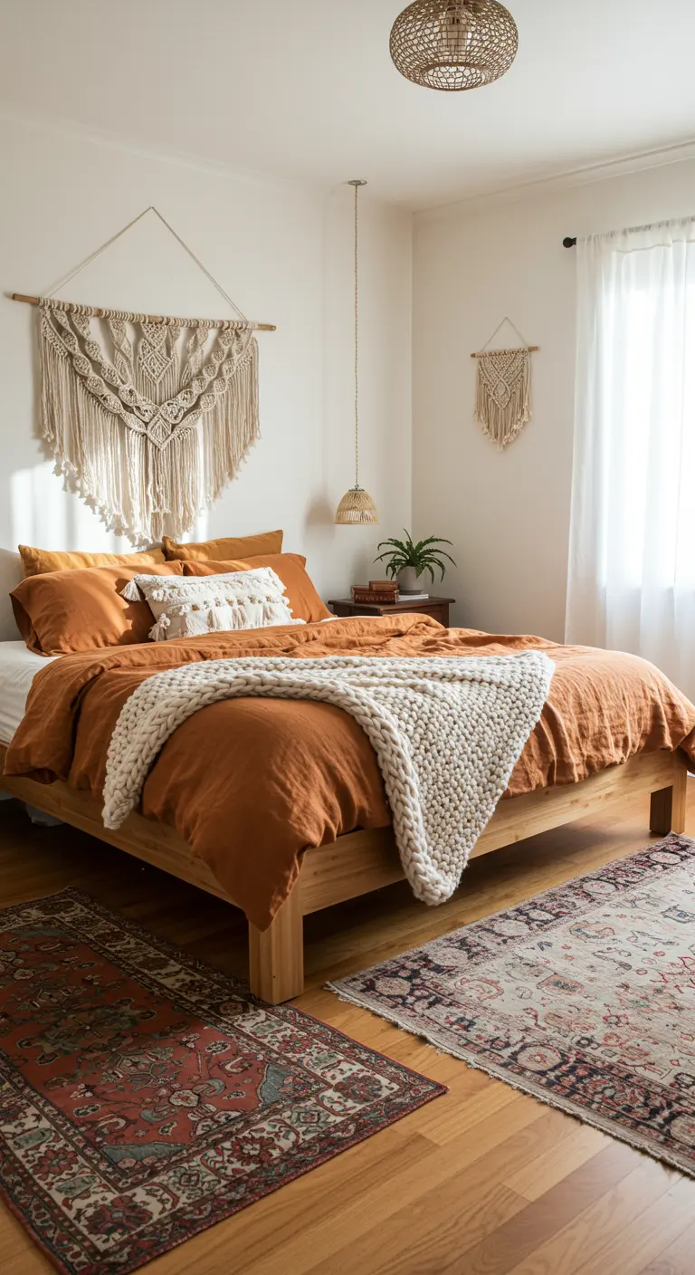 Dormitorio bohemio con textiles en tonos terracota, manta de punto y tapices de macramé.