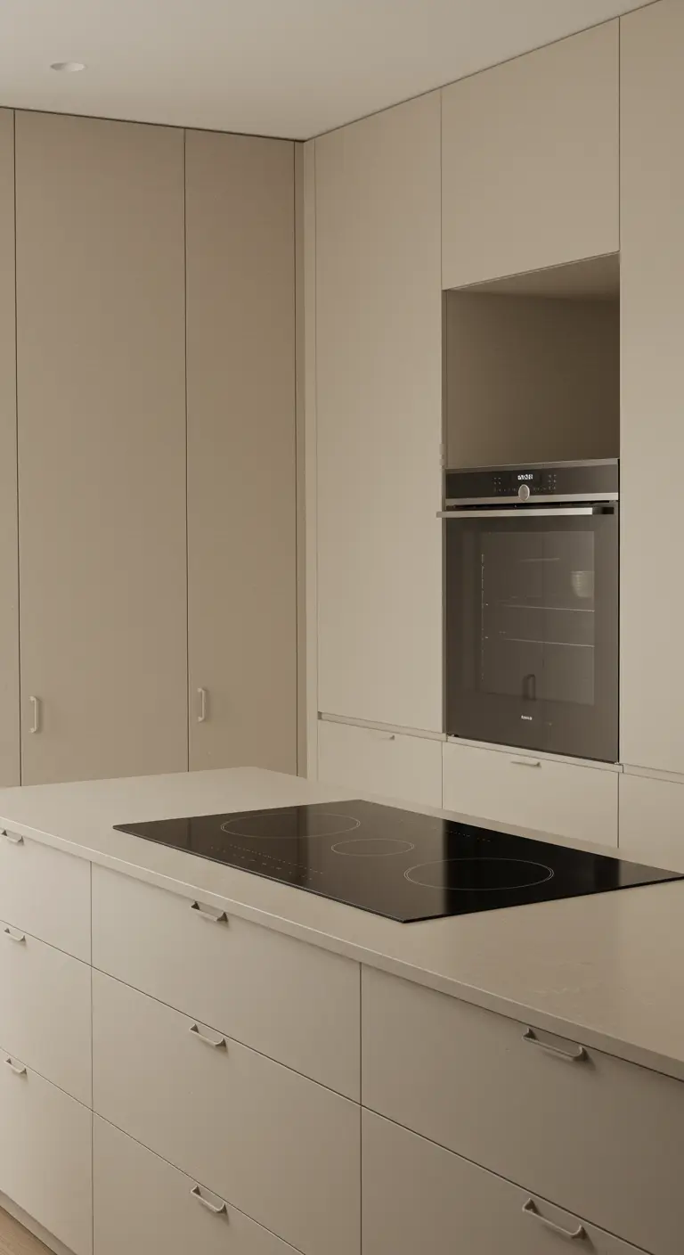 Cocina minimalista con armarios beige lisos y electrodomésticos integrados