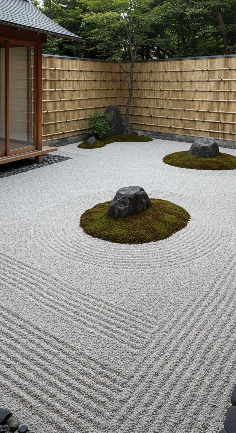 Extenso jardín seco zen con arena blanca rastrillada y varias islas de musgo y rocas.