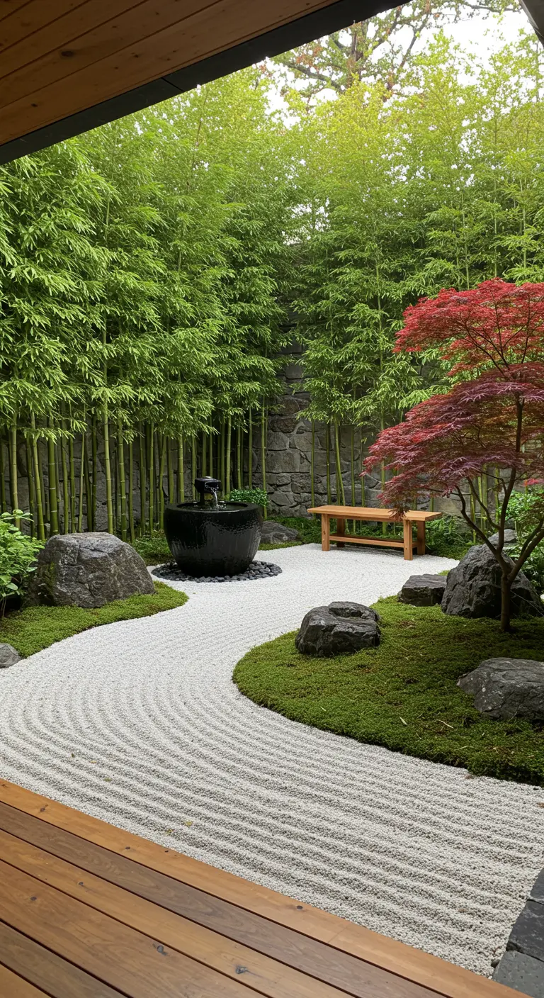 Jardín zen con sendero de grava blanca rastrillada, bambú, rocas y un arce japonés rojo.