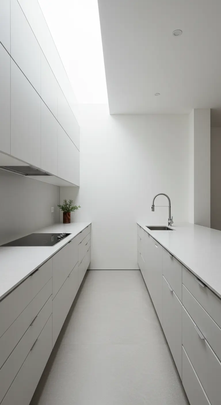 Cocina de pasillo minimalista y blanca con armarios sin tiradores y un tragaluz