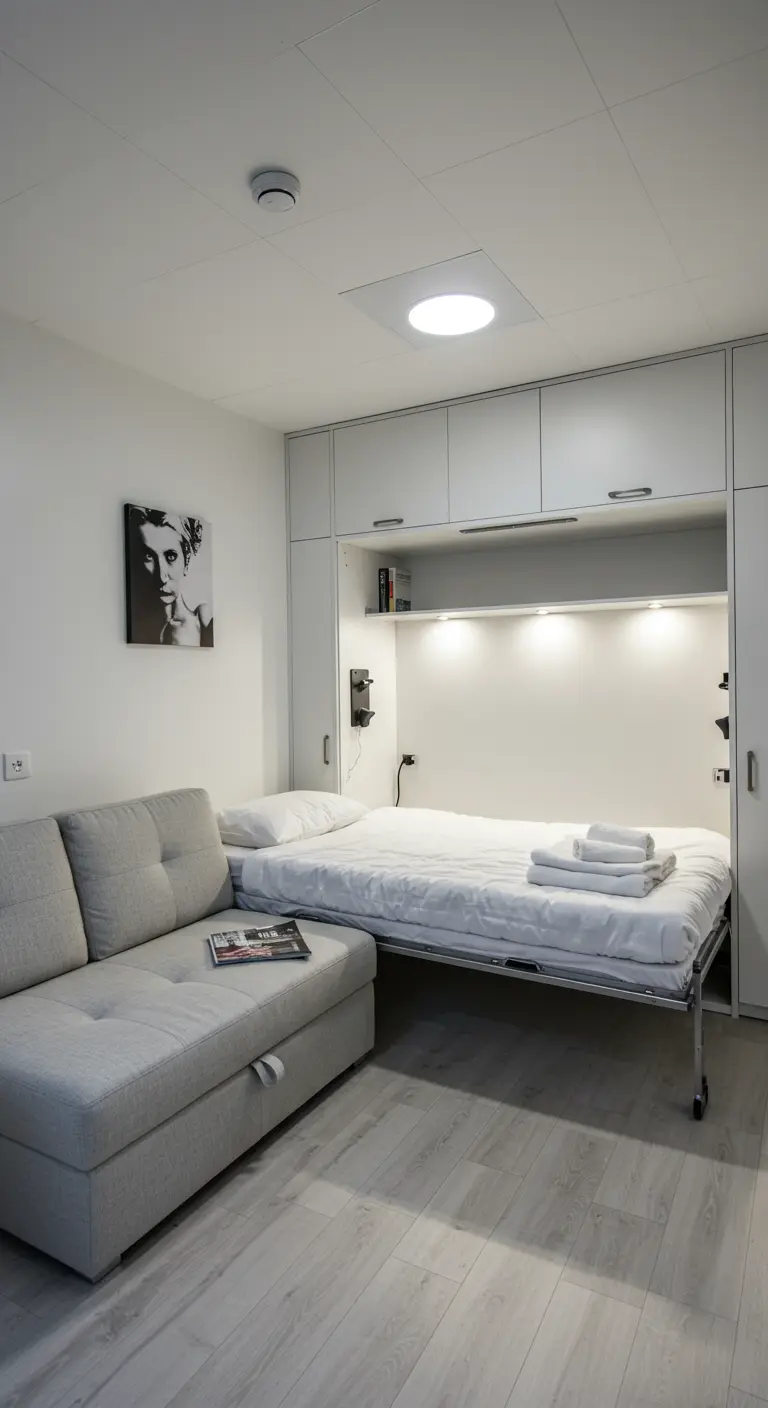 Cama abatible blanca integrada en un armario junto a un sofá gris en un apartamento pequeño.