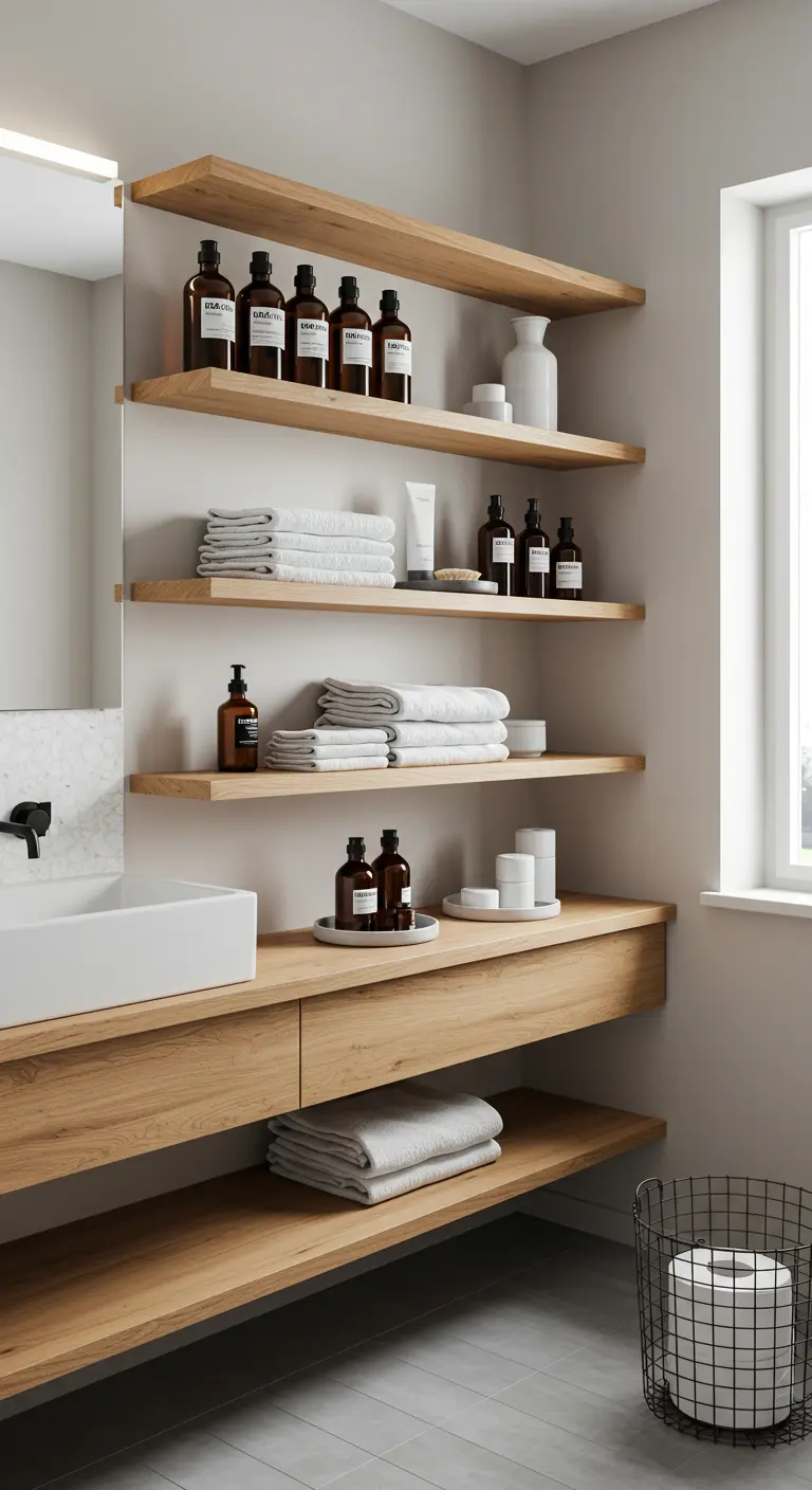 Pared de baño con múltiples estanterías de madera llenas de toallas y productos organizados.