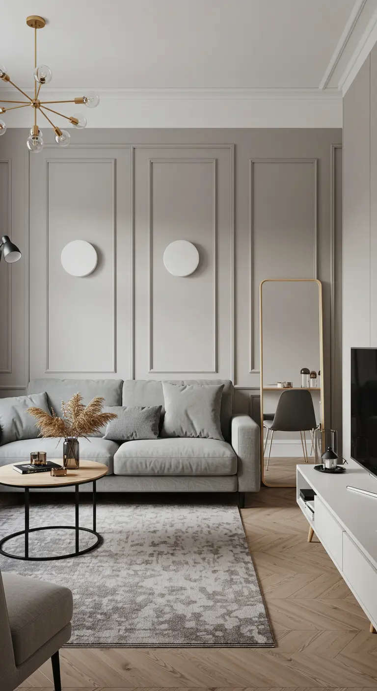 Pared gris con molduras que crean paneles verticales, simulando pilastras de forma minimalista