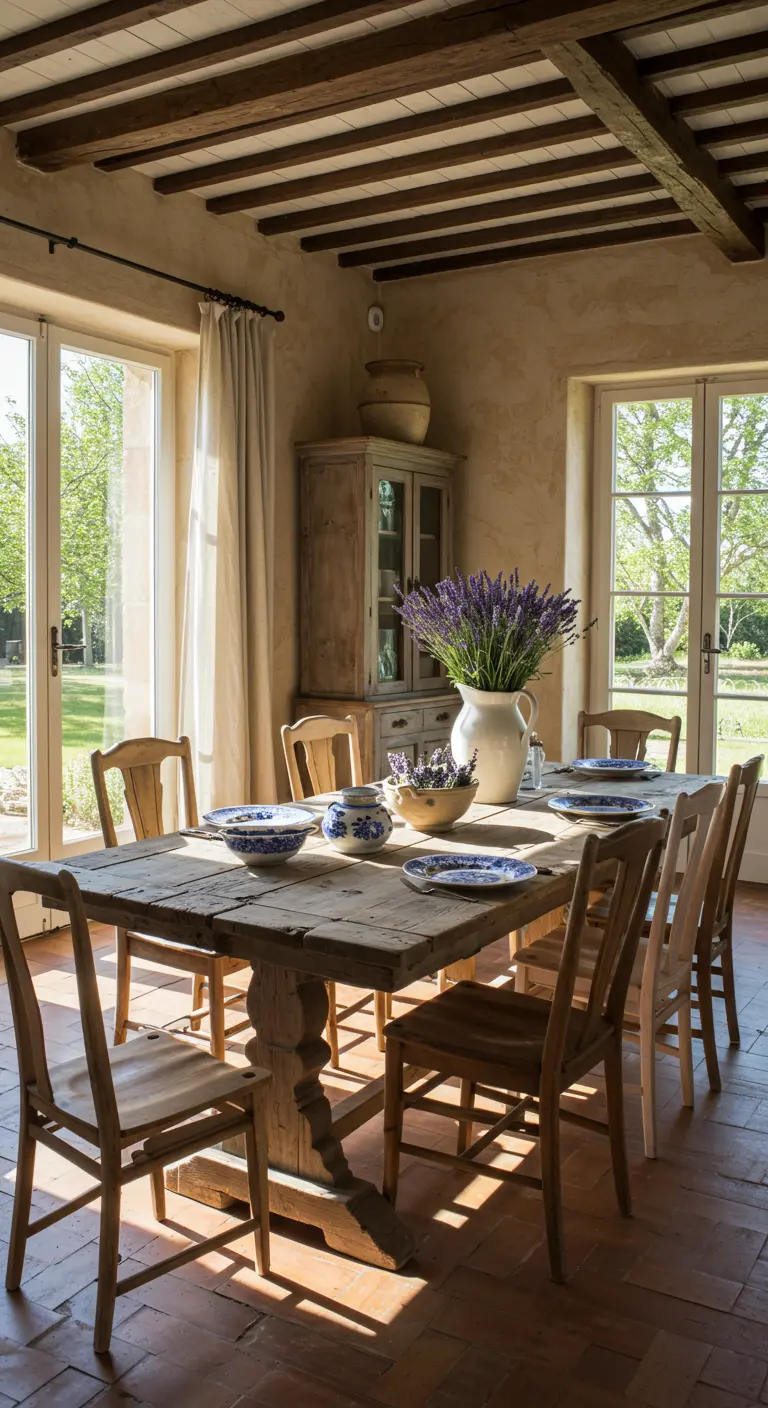 Comedor rústico francés con mesa de madera, vigas expuestas y un jarrón de lavanda fresca.