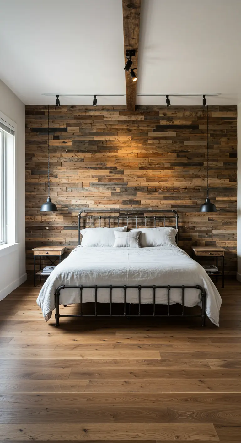 Dormitorio minimalista con pared de acento de madera recuperada y cama de hierro forjado.