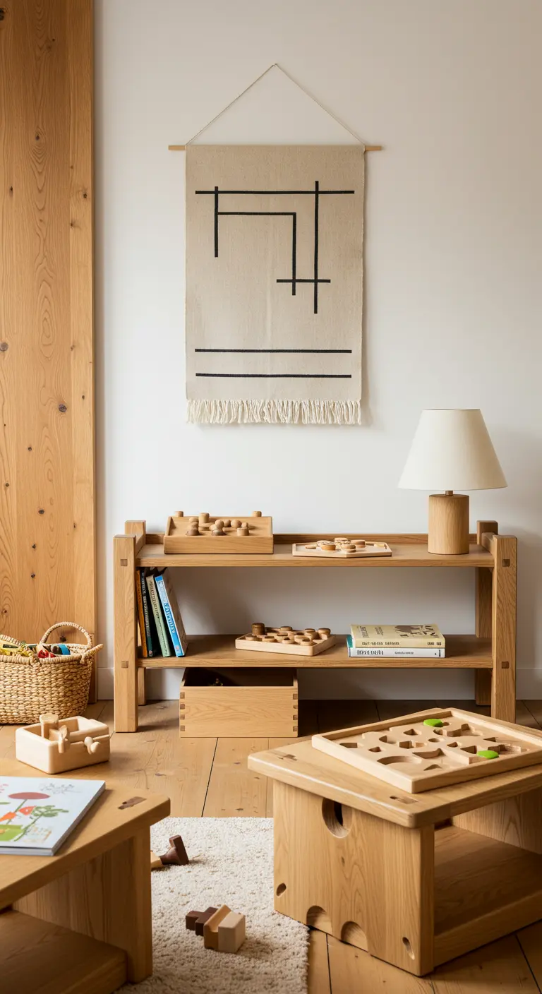 Rincón de juegos con muebles de madera clara y un tapiz minimalista en la pared.