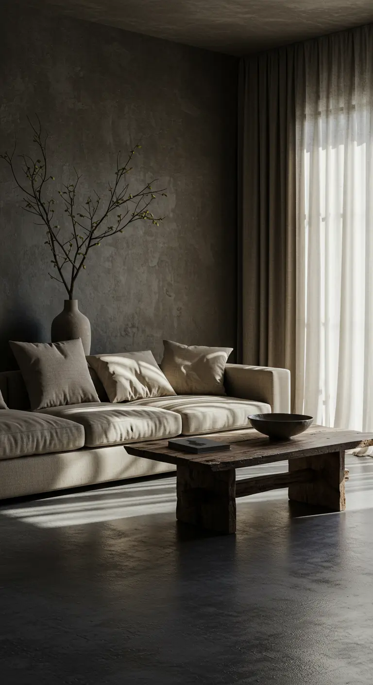 Sala de estar wabi-sabi con pared de textura de hormigón y sofá beige.