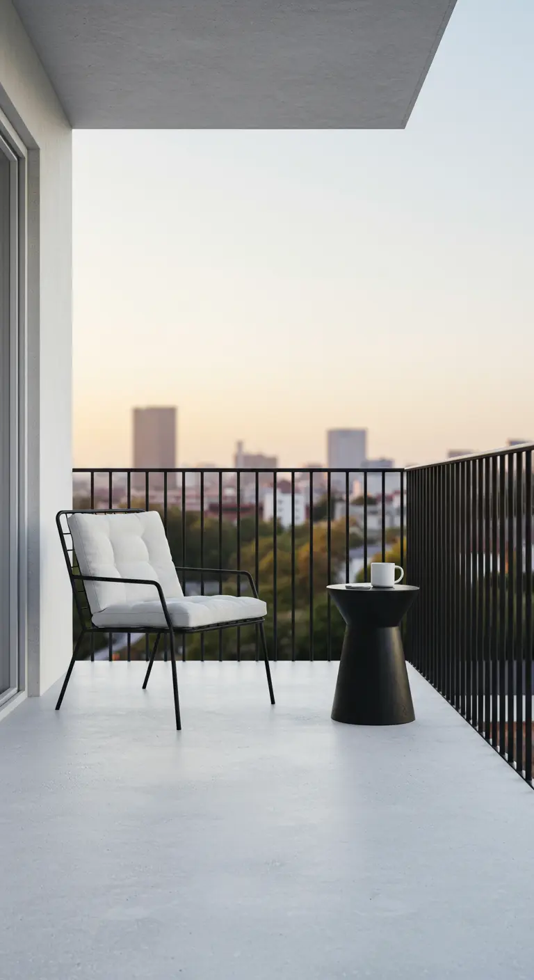 Balcón minimalista con un sillón blanco y una mesa auxiliar negra sobre un suelo blanco.