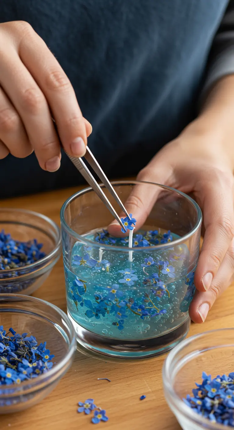 Persona usando pinzas para colocar delicadamente pequeñas flores azules en una vela de gel.