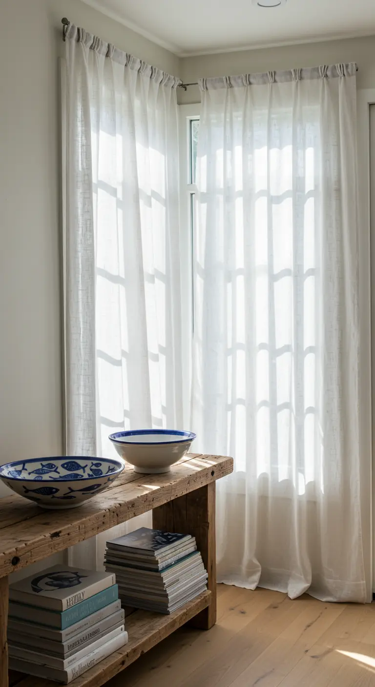 Dos cuencos de cerámica azul y blanca sobre una consola de madera junto a una ventana con cortinas.