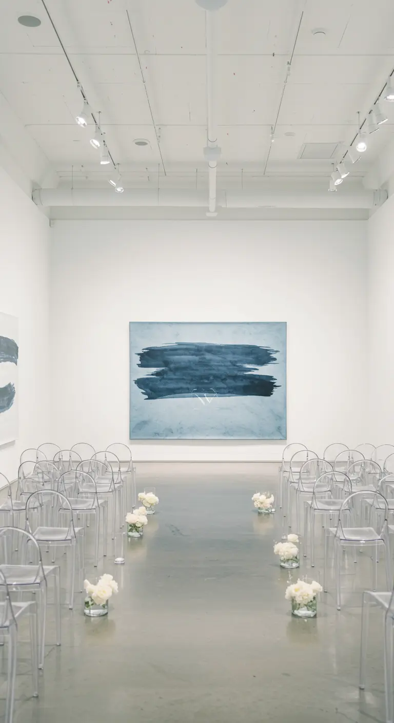 Ceremonia minimalista en una galería de arte blanca con sillas transparentes y un gran cuadro abstracto.