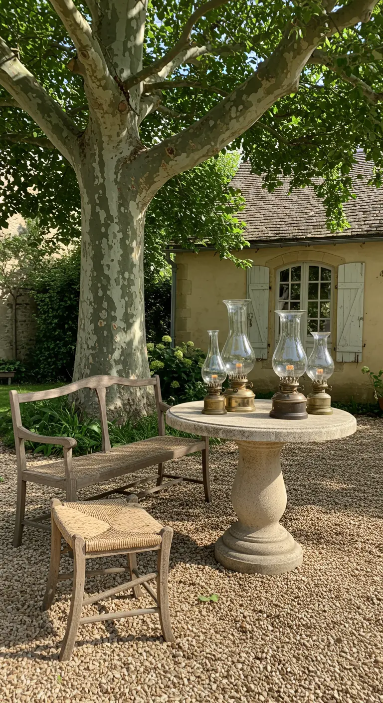 Mesa de piedra redonda bajo un gran árbol con un centro de mesa de lámparas de quinqué de cristal