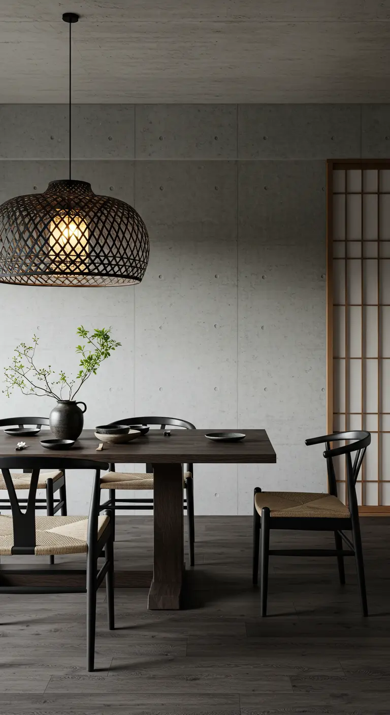 Comedor estilo Japandi con lámpara de bambú negra y paredes de hormigón.
