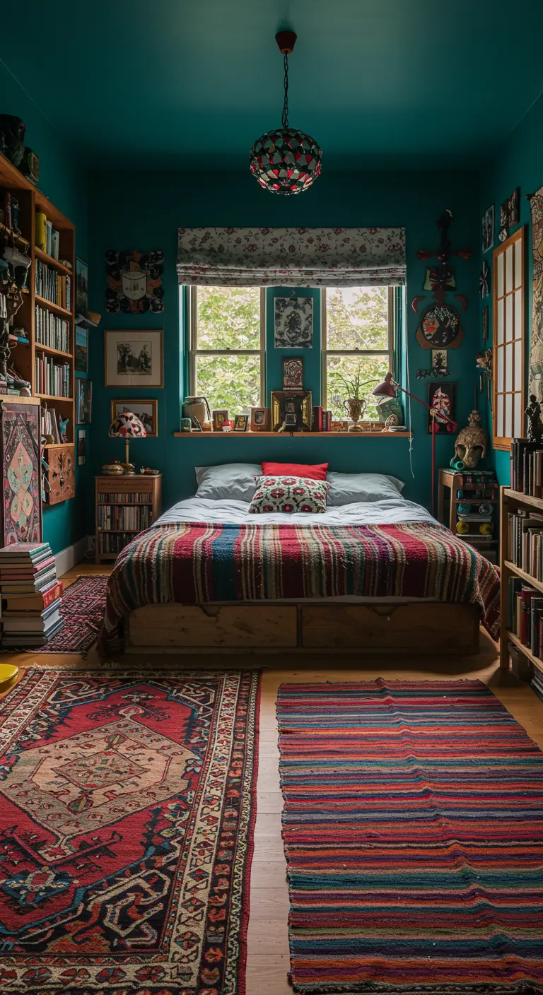 Dormitorio bohemio con varias alfombras étnicas superpuestas en el suelo.