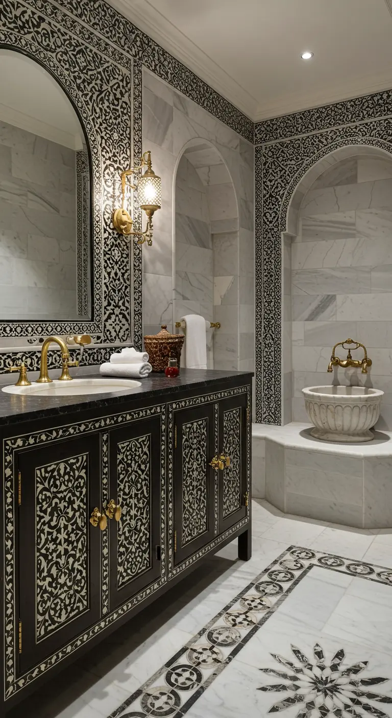 Baño de lujo con mueble de taracea, paredes de mármol y mosaicos en blanco y negro