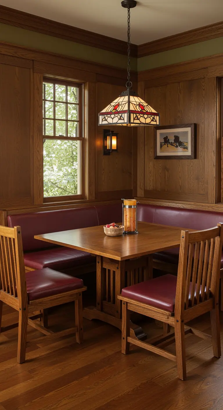 Comedor estilo Arts and Crafts con carpintería de madera y banco con cojines de cuero burdeos.