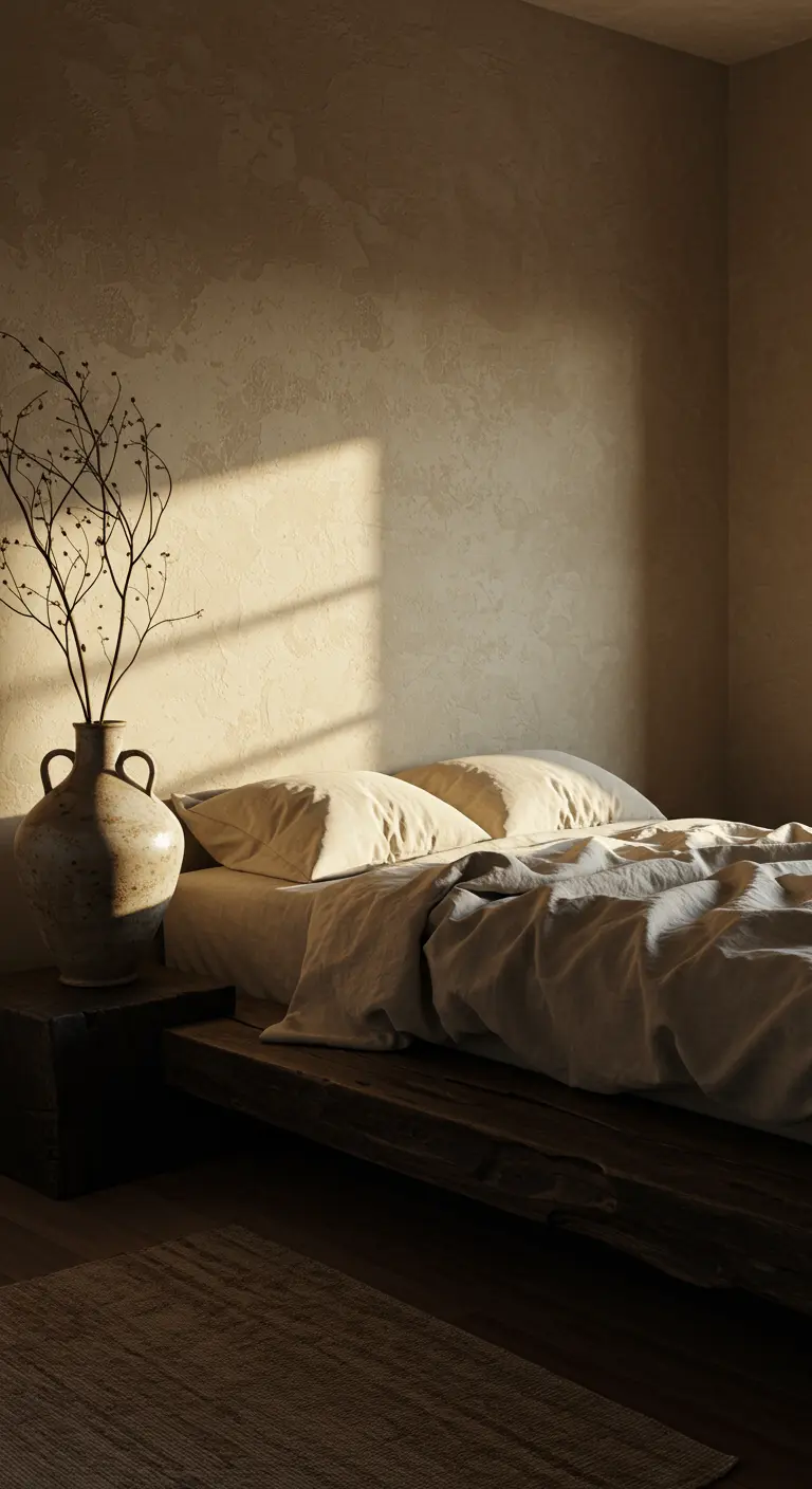 Dormitorio wabi-sabi con cama baja de madera, paredes texturizadas y jarrón rústico.