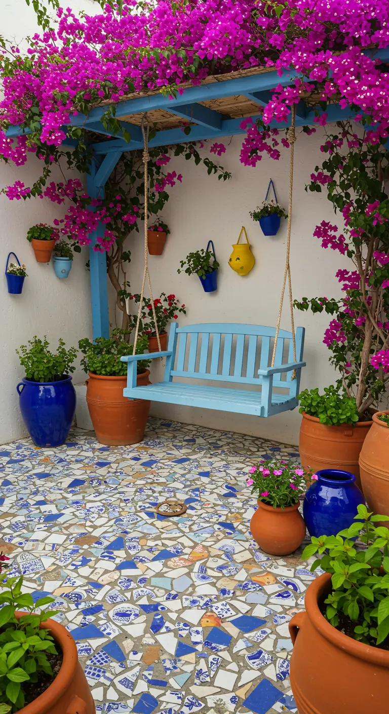 Patio con suelo de mosaico de azulejos rotos (trencadís) y un columpio de madera azul.