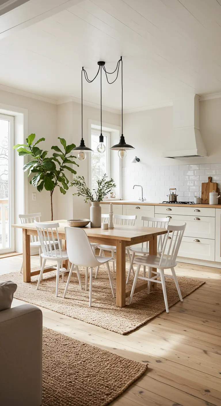 Comedor escandinavo luminoso con mesa de madera, sillas blancas y alfombra de yute.