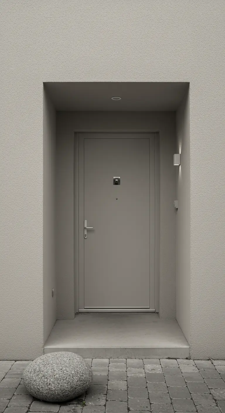 Entrada minimalista de hormigón con una única piedra grande y redondeada como elemento decorativo.