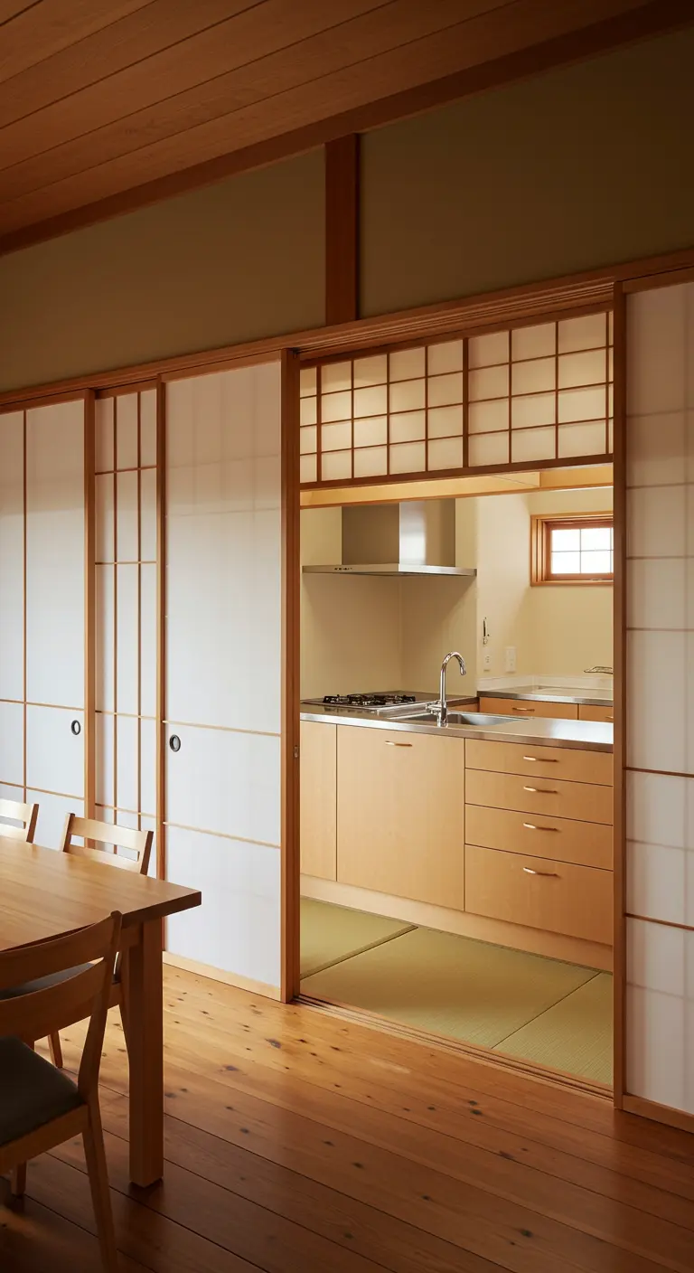 Cocina de madera oculta detrás de paneles deslizantes de estilo shoji japonés