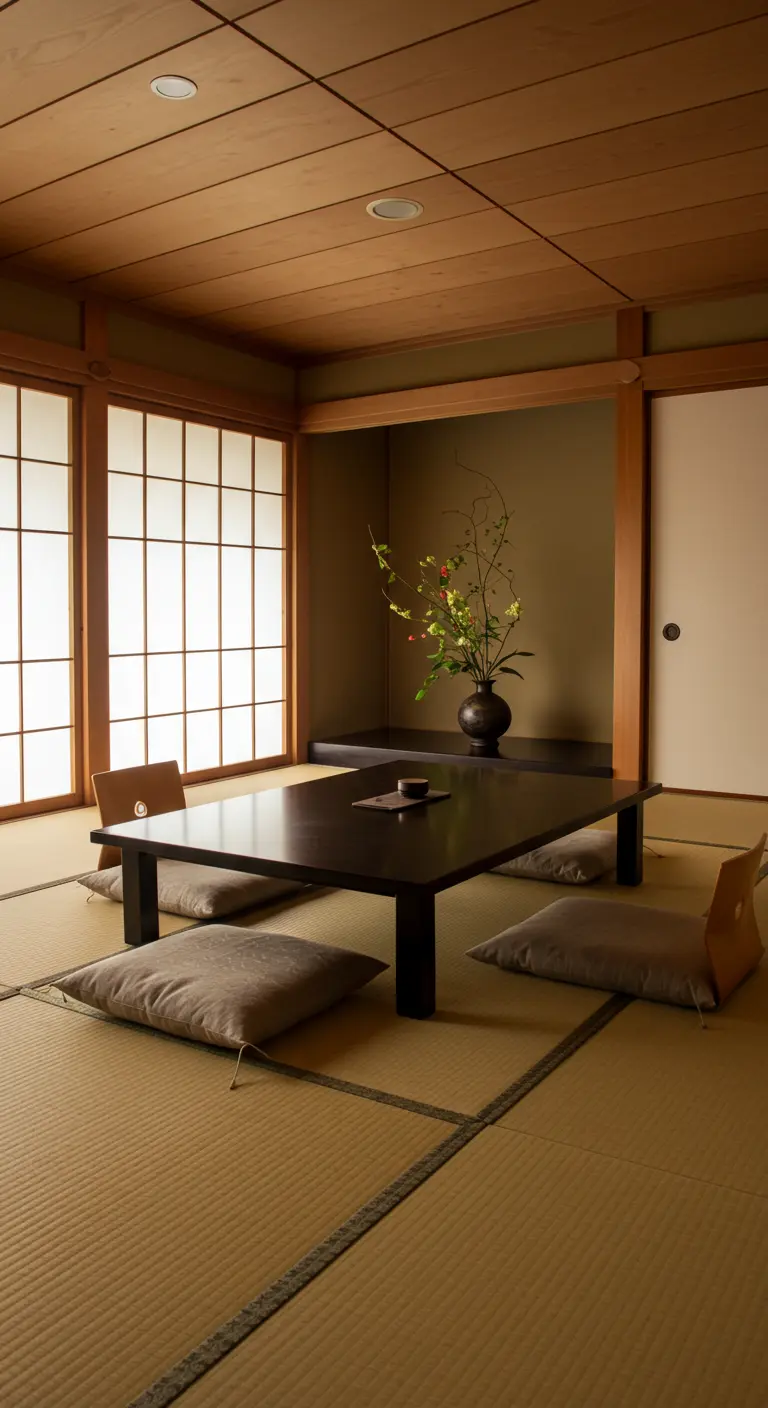 Sala de estar japonesa tradicional con mesa baja, cojines en el suelo y paneles shoji.