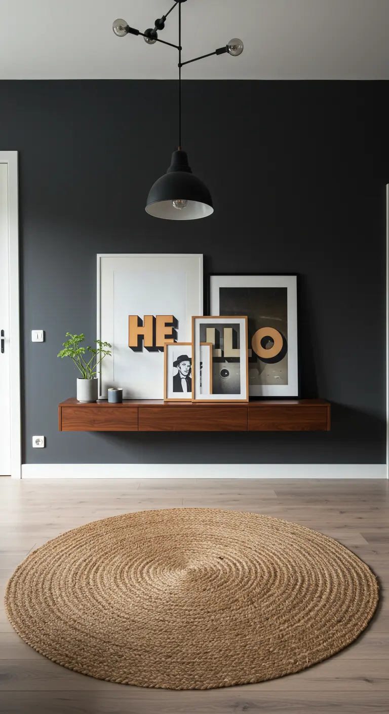 Repisa flotante de madera con una composición de cuadros tipográficos y fotográficos superpuestos.