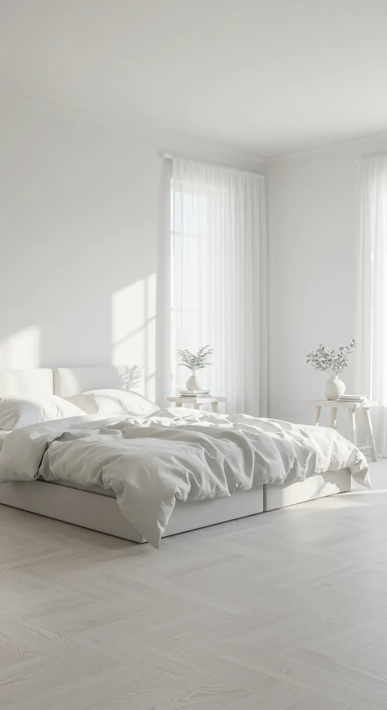 Dormitorio minimalista completamente blanco con luz natural entrando por la ventana