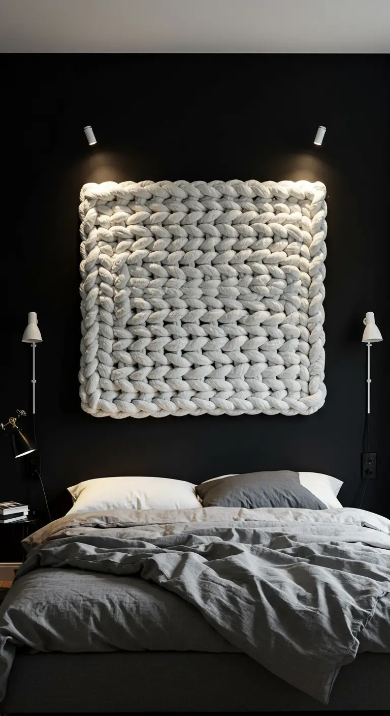 Dormitorio con pared negra y un cabecero hecho con un tejido de lana gigante en color blanco.